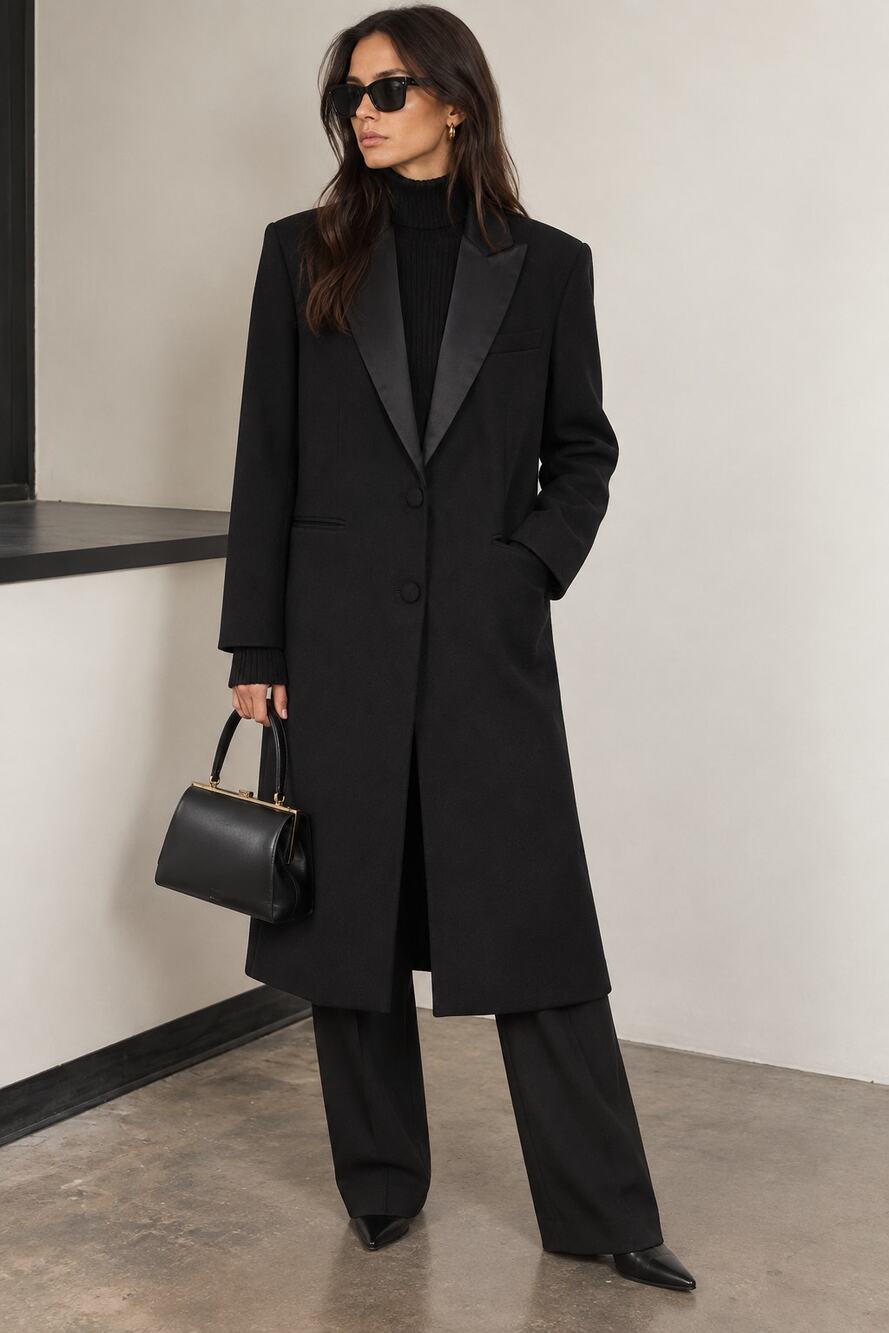 Anine Bing | NWT Selena Coat Black Wool Overcoat Tuxedo Satin Lapels M